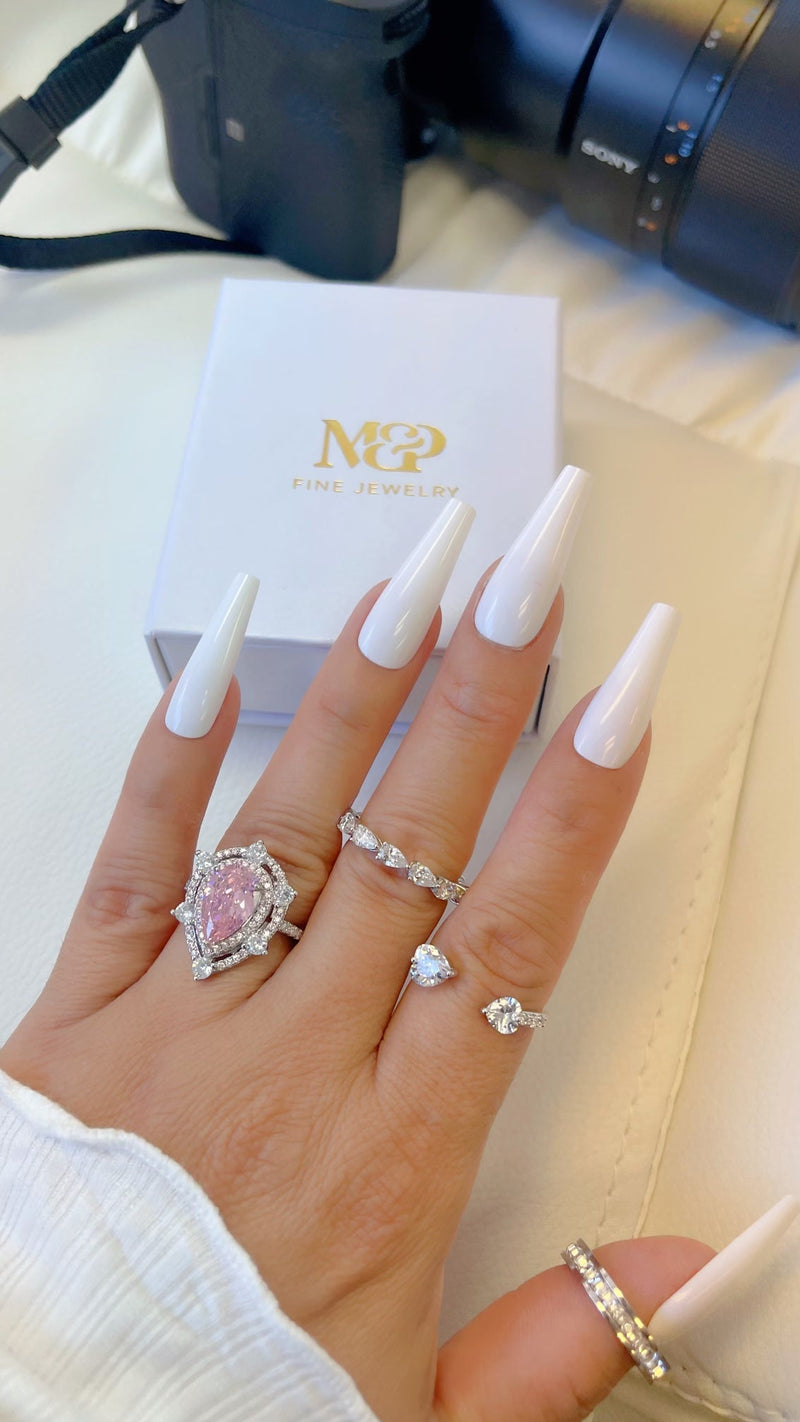Silver Pink Tear Drop Ring