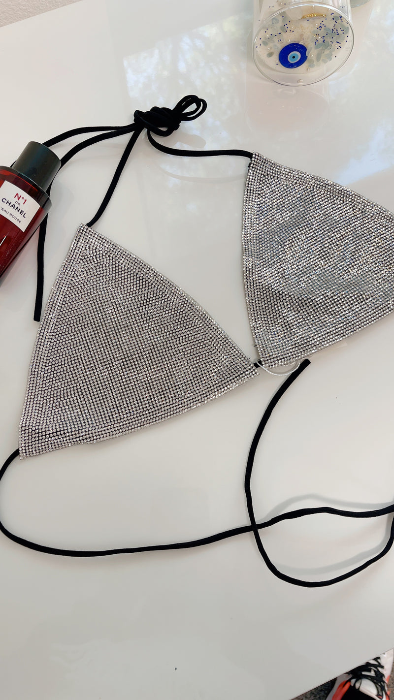 Top de bikini con diamantes de imitación en negro