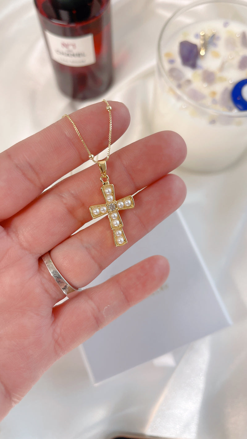 Satellite Pearl Cross Necklace
