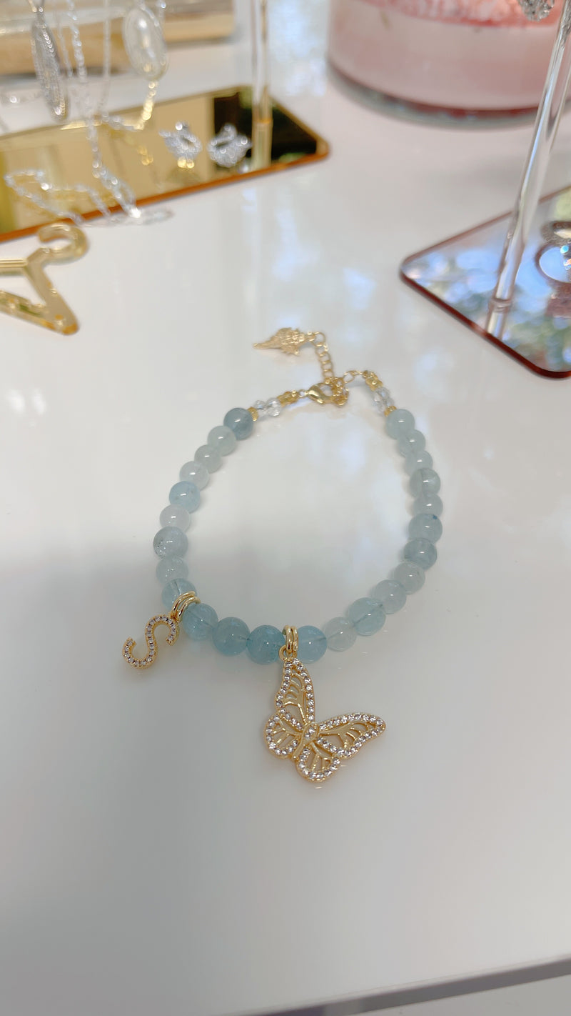 Aquamarine Butterfly Initial Bracelet