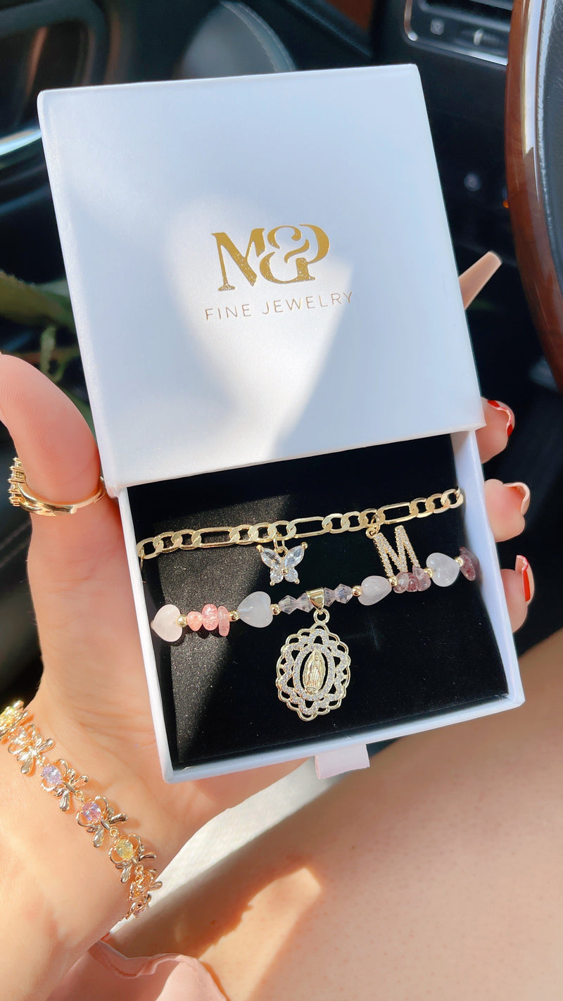 Initial Strawberry Quartz Mary Bracelet Set