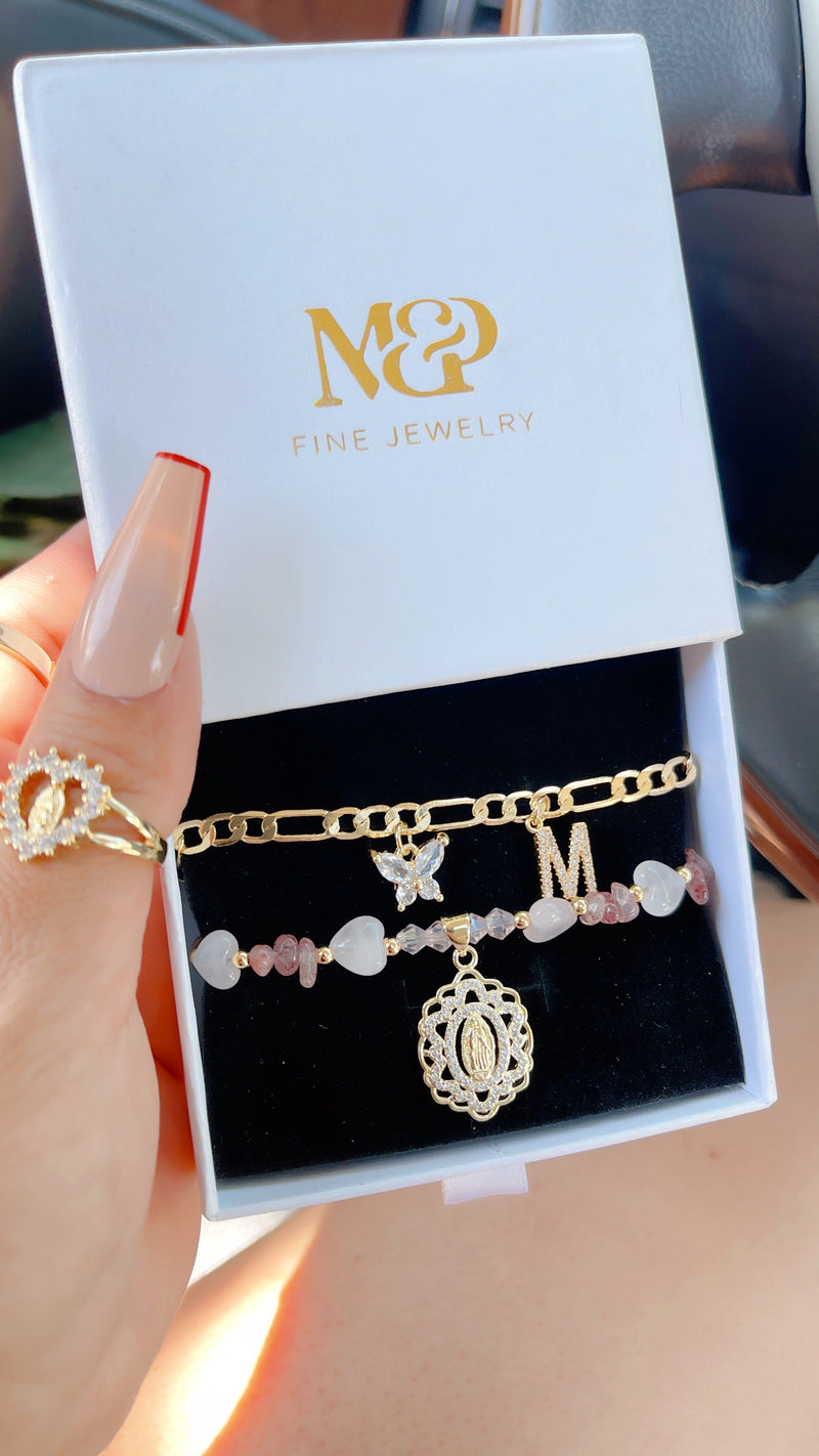 Initial Strawberry Quartz Mary Bracelet Set