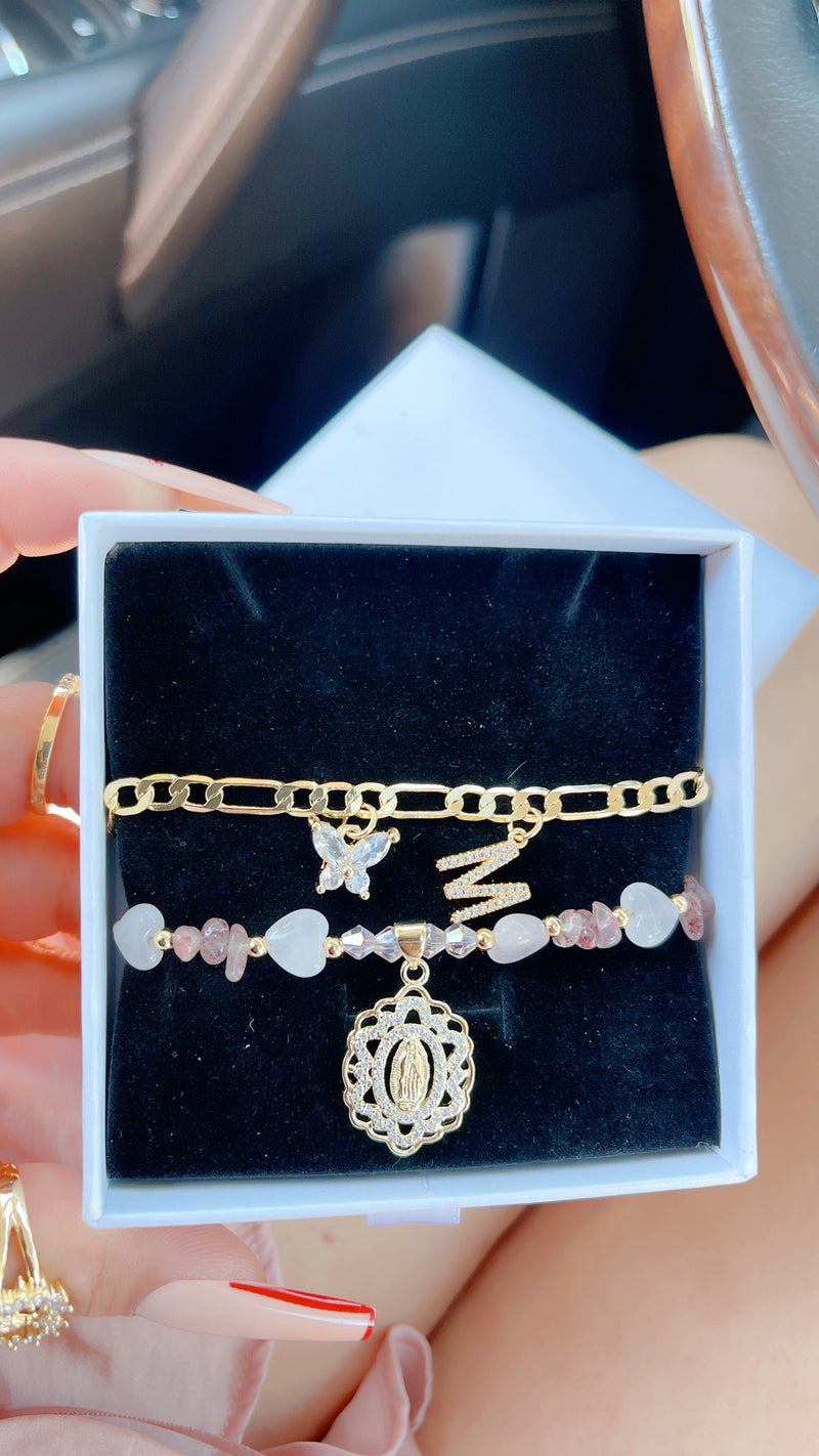 Initial Strawberry Quartz Mary Bracelet Set