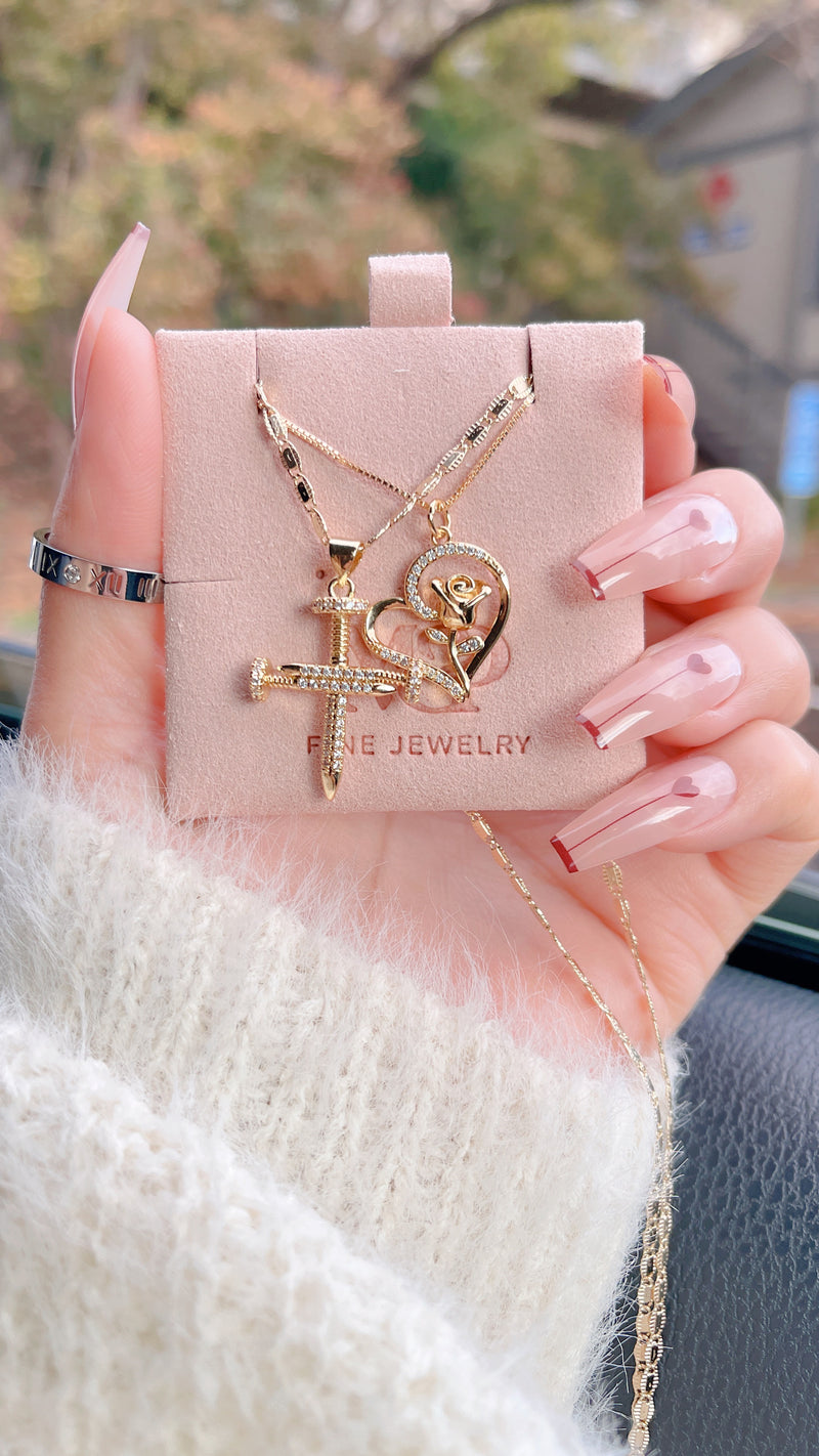 Paved Nail Cross Necklace Set