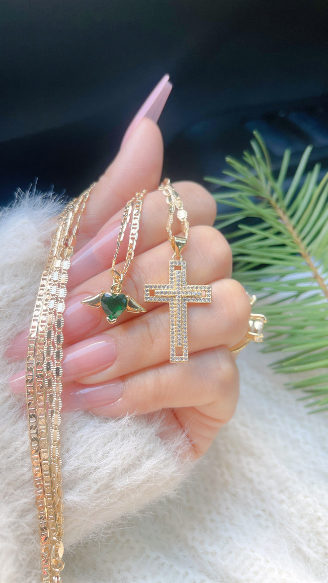 Emerald Heart Cross Necklace Set