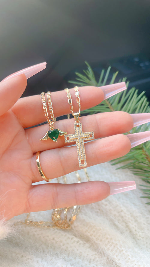 Emerald Heart Cross Necklace Set