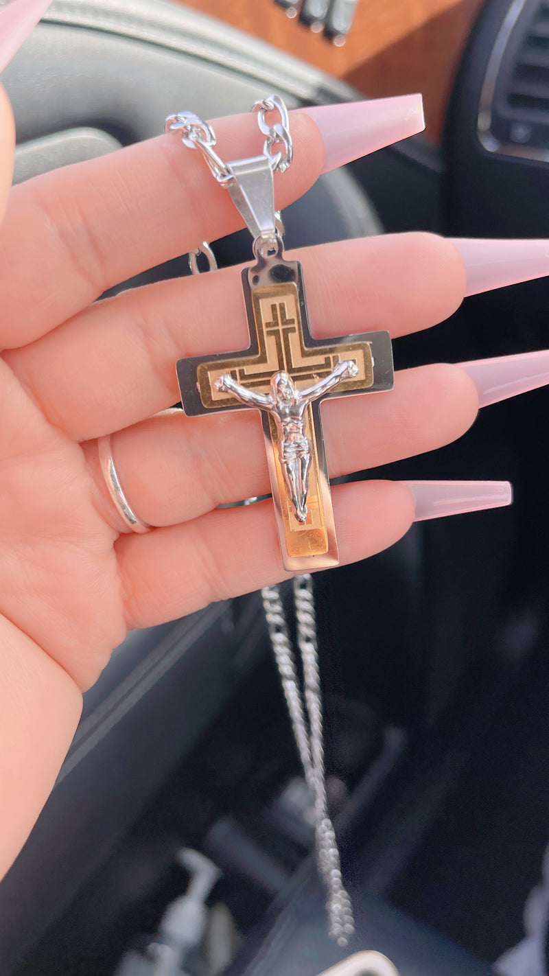 Dual Tone Jesus Cross Necklace