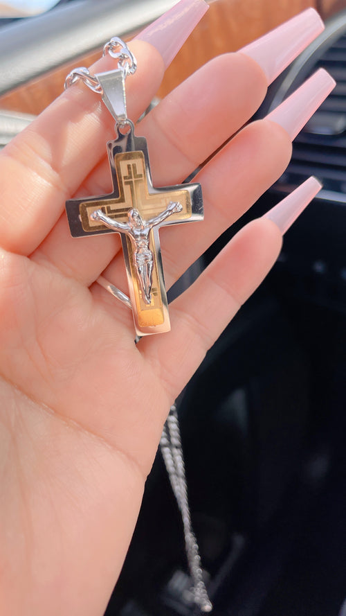 Dual Tone Jesus Cross Necklace